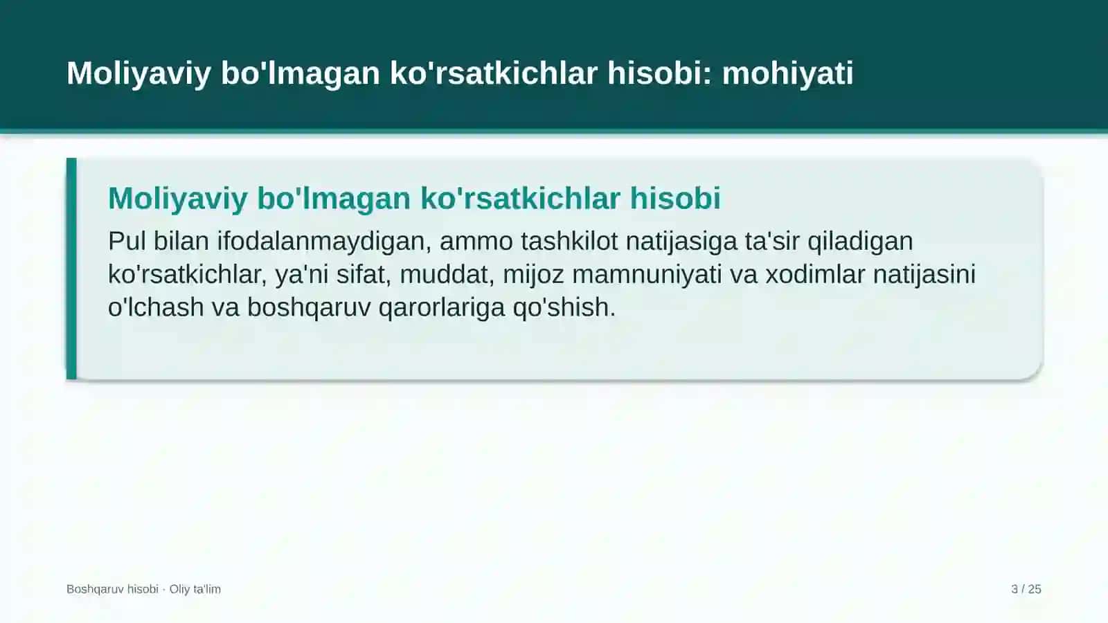 Moliyaviy bo'lmagan ko'rsatkichlar hisobi: mohiyati 3