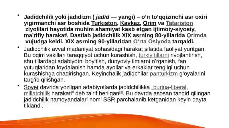 Milliy davlatchilikni barpo etishdagi harakatlar :Jadidchlik . Mustabid tuzum davrida O’zbekistondagi qatog’onlik siyosatining asosiy bosqichlari. XX asrning 80-90 yillarda O’zbekistondagi ijtimoiy- siyosiy va iqtisodiy ahvol. 3
