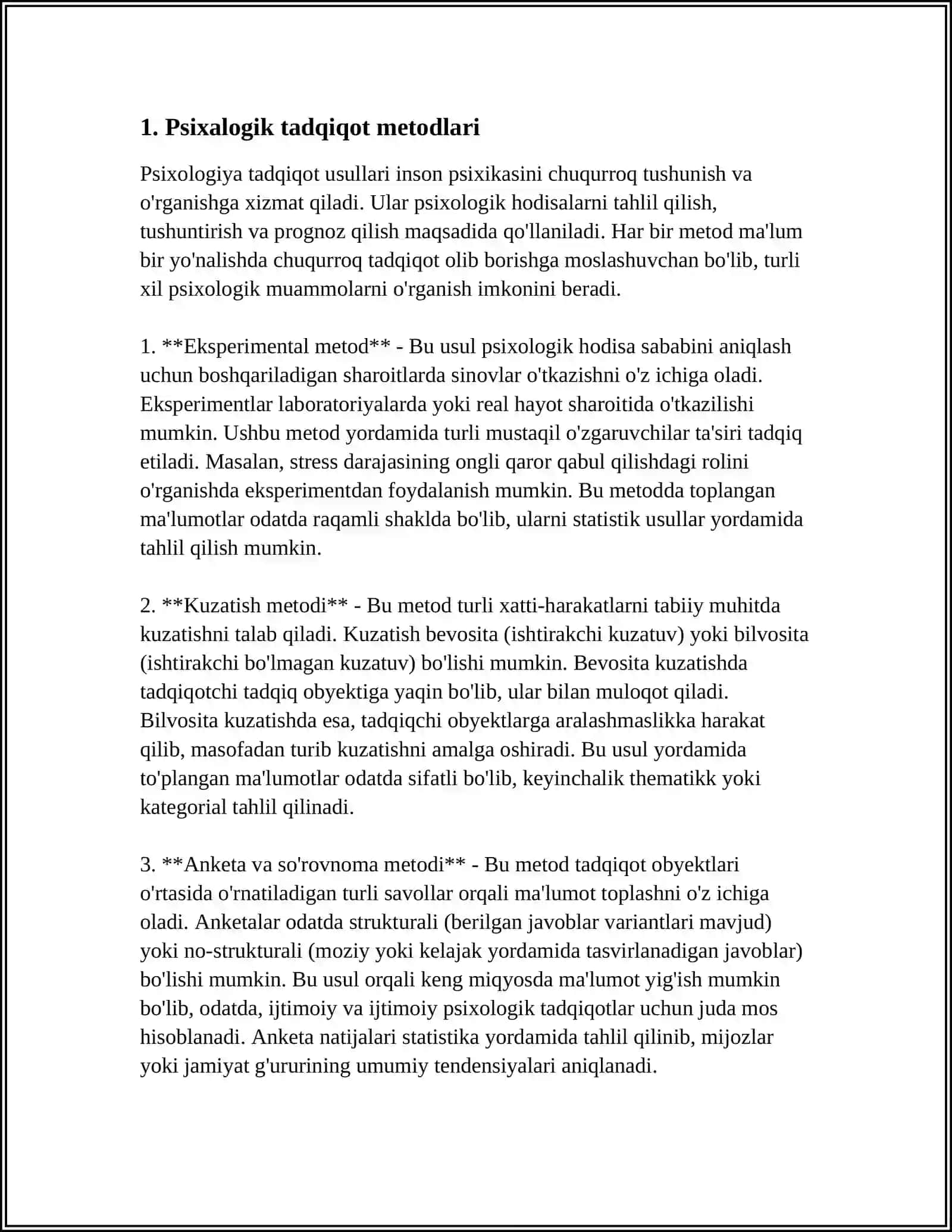 MUSTAQIL ISH Mavzu: PSIXALOGIK TADQIQOTLAR VA METODLAR 3