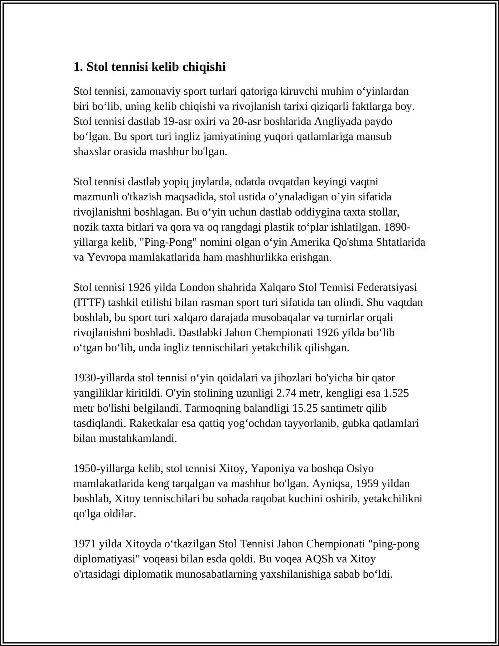 STOL TENNISINING PAYDO BÕLISHI VA RIVOJLANISHI TARIXI HAMDA RESPUBLIKAMIZGA KIRIB KELISHIGA TALABALAR BAJARISHI SHART BÕLGAN TOPSHIRIQLAR 3