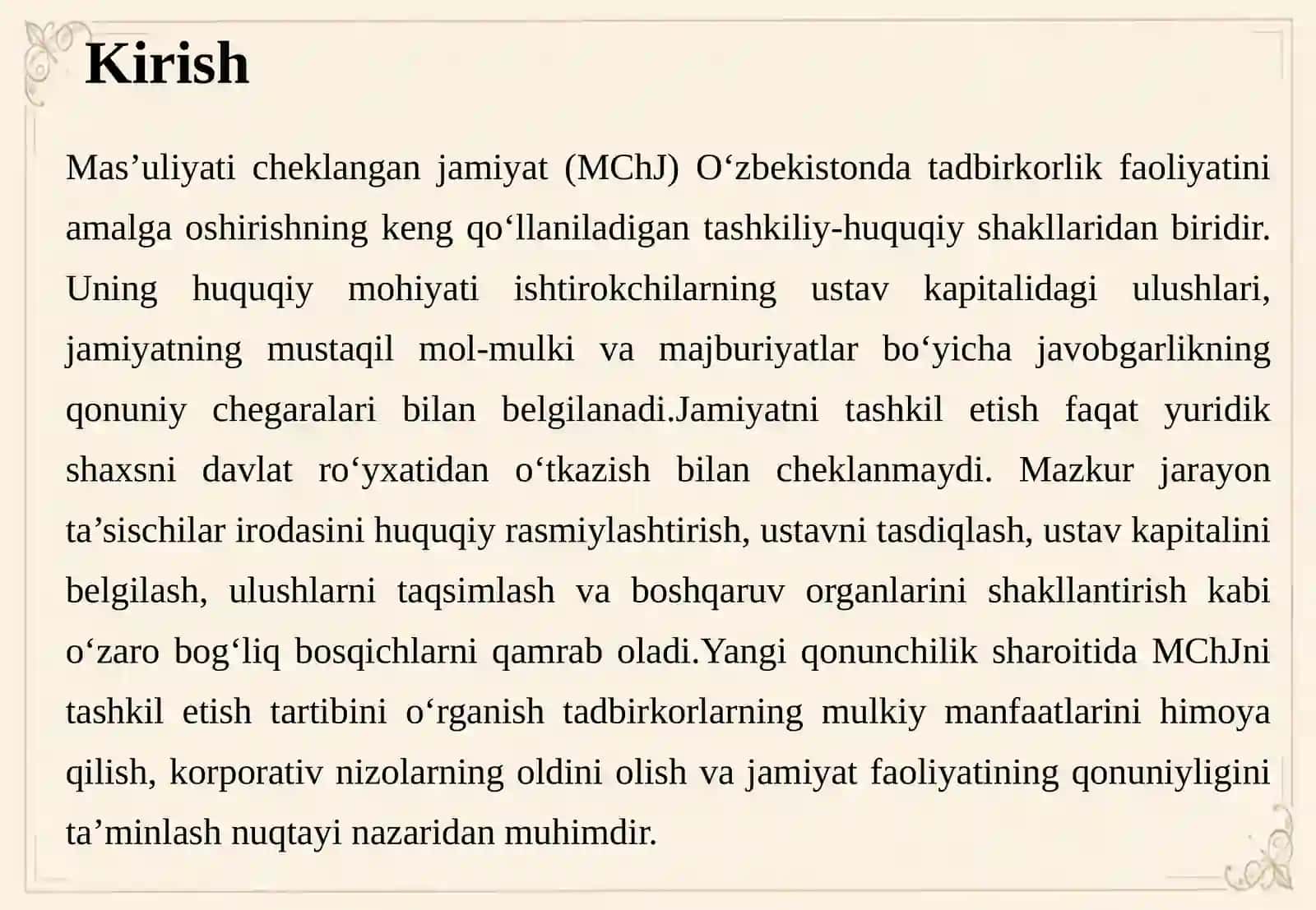 YANGI TAHRIRDAGI MCHJ QONUNI ASOSIDA JAMIYATNI TASHKIL ETISH: TA’SISCHILAR QARORI, USTAV, ULUSHLAR VA DAVLAT RO‘YXATIDAN O‘TKAZISH 3