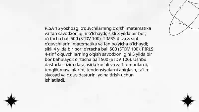 Xalqaro baholash dasturlari (PISA, TIMSS, PIRLS)ning ta'lim olganlikni tashxis etishdagi roli 3