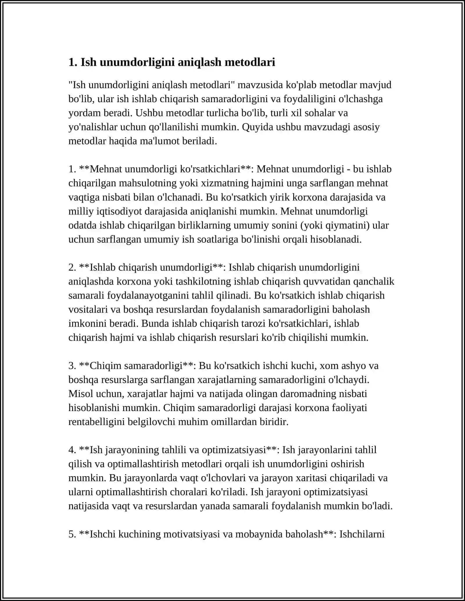 MUSTAQIL ISH Mavzu: MEHNAT UNUMDORLIGINI O'LCHASH USULLARI 3