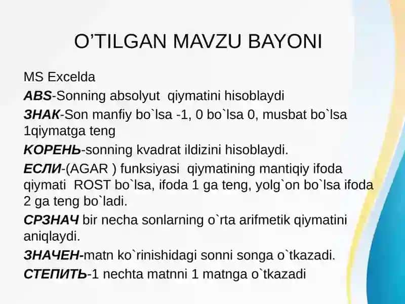 MS excelda matematik formulalar bilan ishlash 3