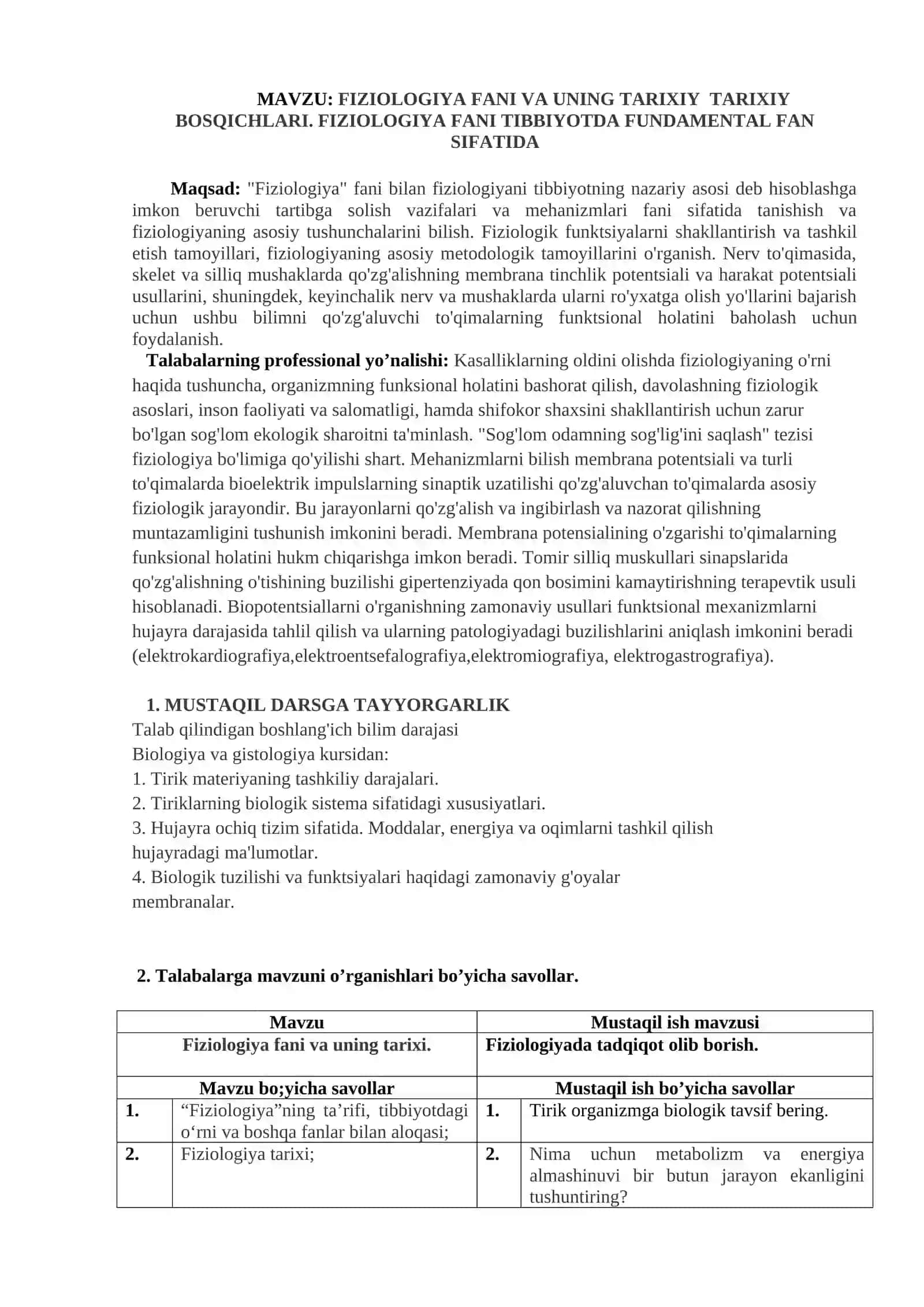 Fiziologiya Fani va uning Tarixi (Fiziologiya fanidan 1-2-kurs talabalari uchun o‘quv-uslubiy qo‘llanma) 3