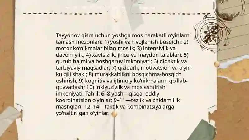 Haraktli o‘yinlarni jismoniy tarbiya darsining tayyorlov va yakuniy qismiga mos holda tanlash hamda tahlil qilish mavzusi 3