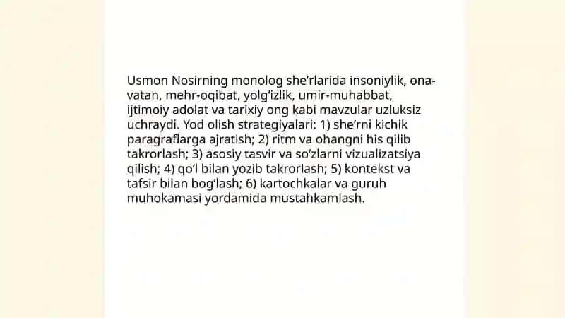 Usmon Nosirning Monolog sherini yod olish va tahlil qilish 3