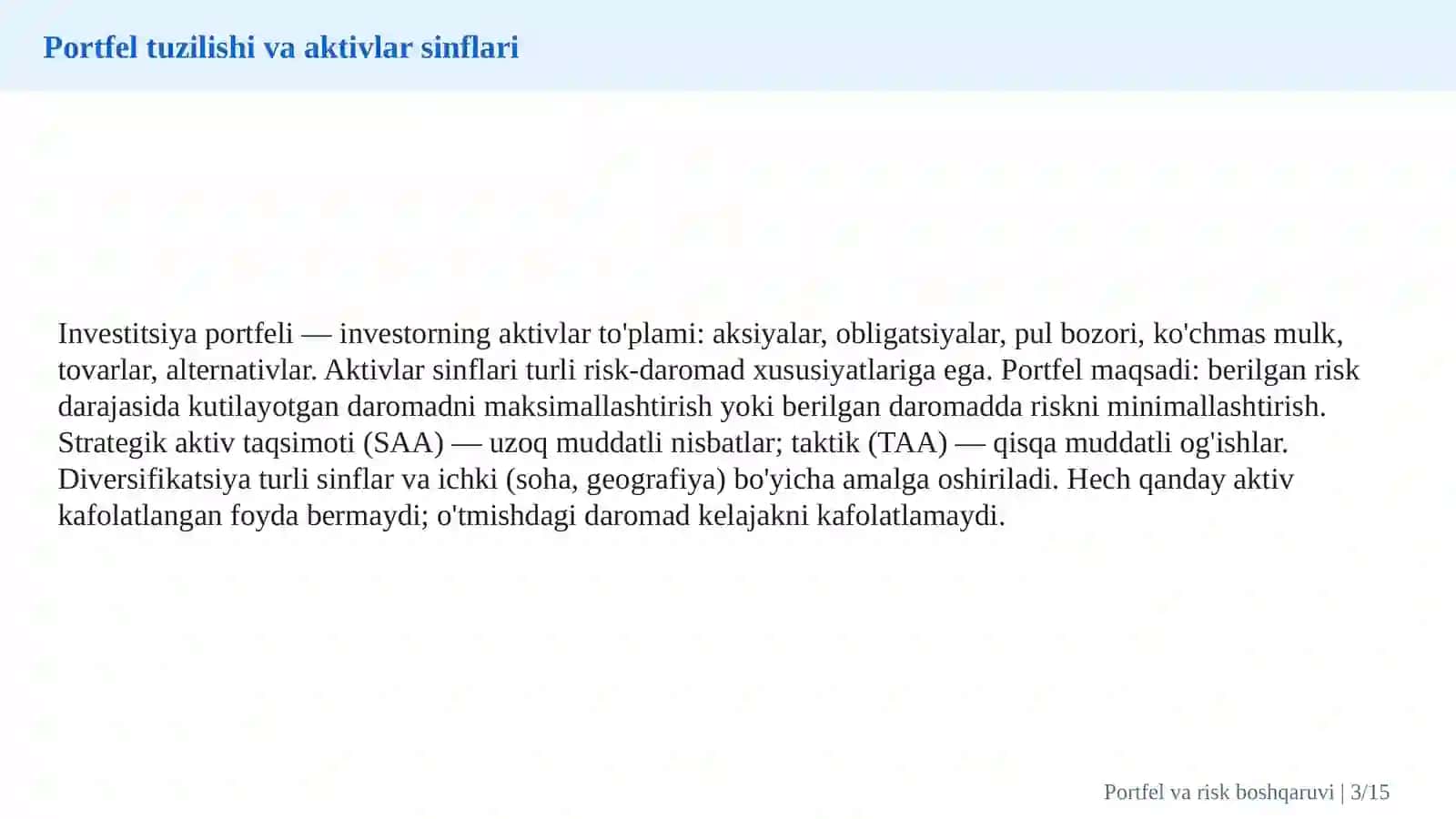 Investitsiya portfelini boshqarish, moliyaviy risklar va diversifikatsiya strategiyalari 3