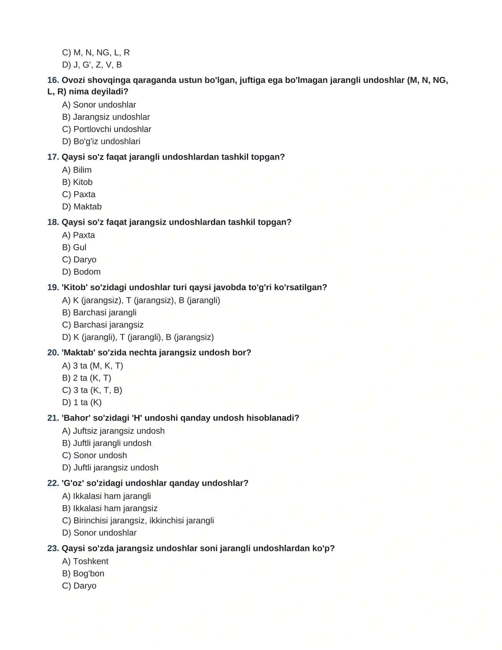 Jarangli va Jarangsiz Undoshlar mavzusi bo'yicha 60 ta test javobi bilan 3