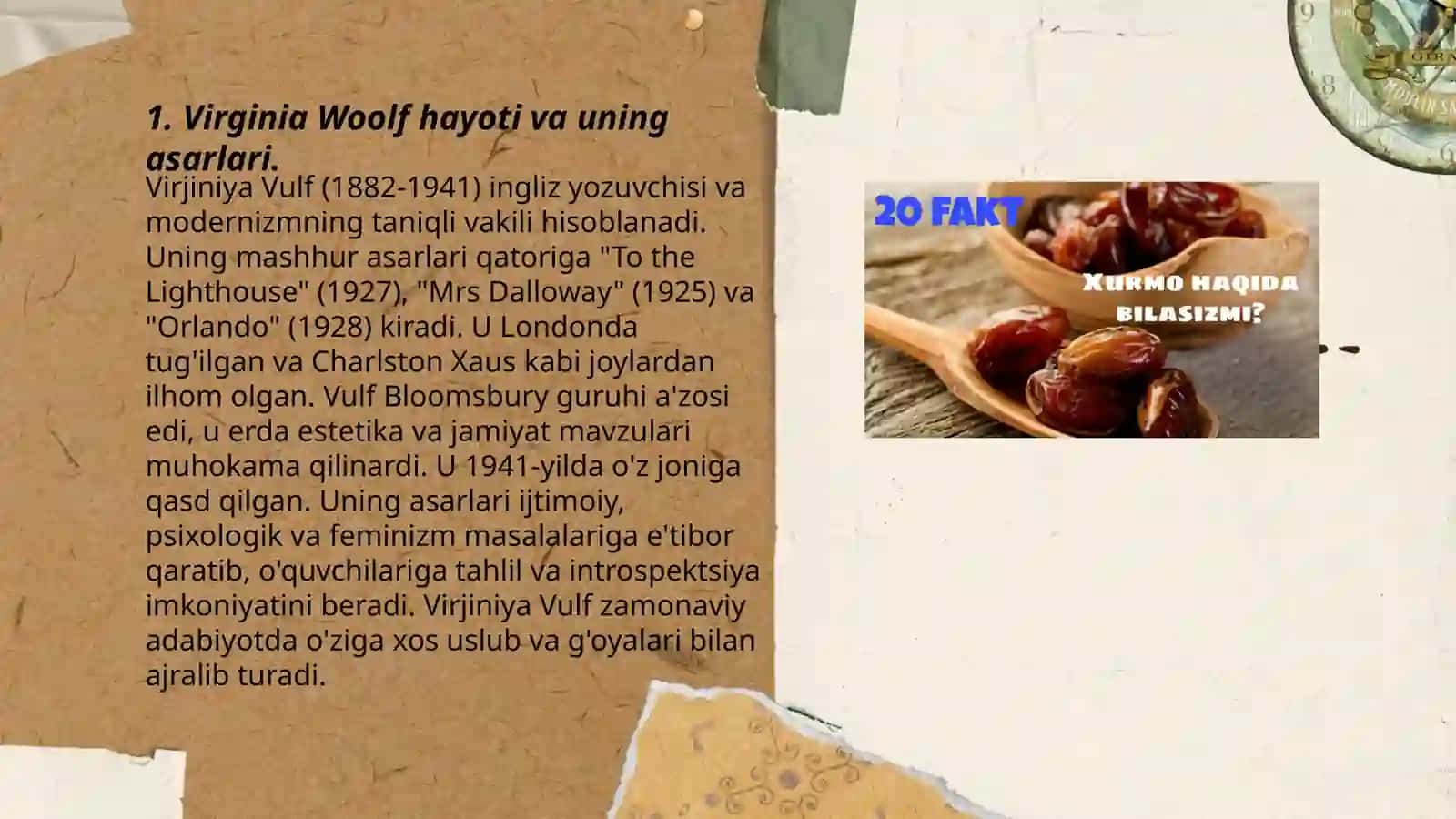 Verjina Vulf haqida qiziqarli faktlar va oʻyinlar ishtirok etgan slayd 3
