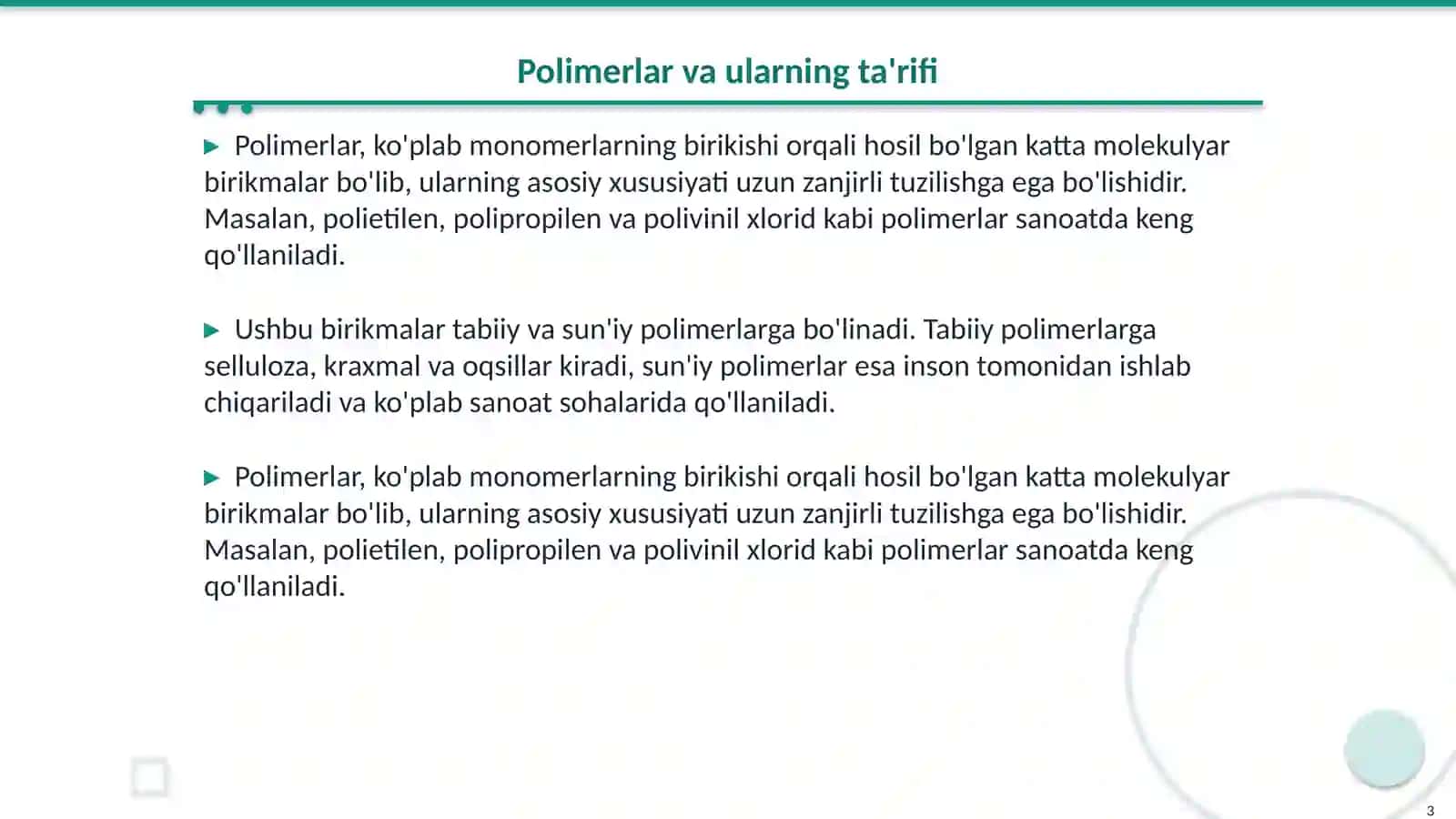 Polimerlar kimyosi fani.Polimerlar va ularning o'ziga xos-xususiyatlari 3