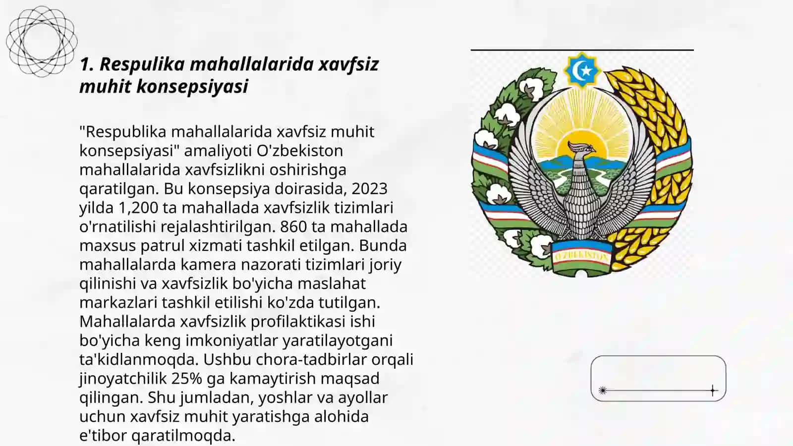 2025-YILDA RESPUBLIKA MAHALLALARIDA XAVFSIZ MUHITNI YARATISH VA HUQUQBUZARLIKLARNING BARVAQT OLDINI OLISH TIZIMI SAMARADORLIGINI YANADA OSHIRISH BO‘YICHA CHORA-TADBIRLAR TO‘G‘RISIDA 3
