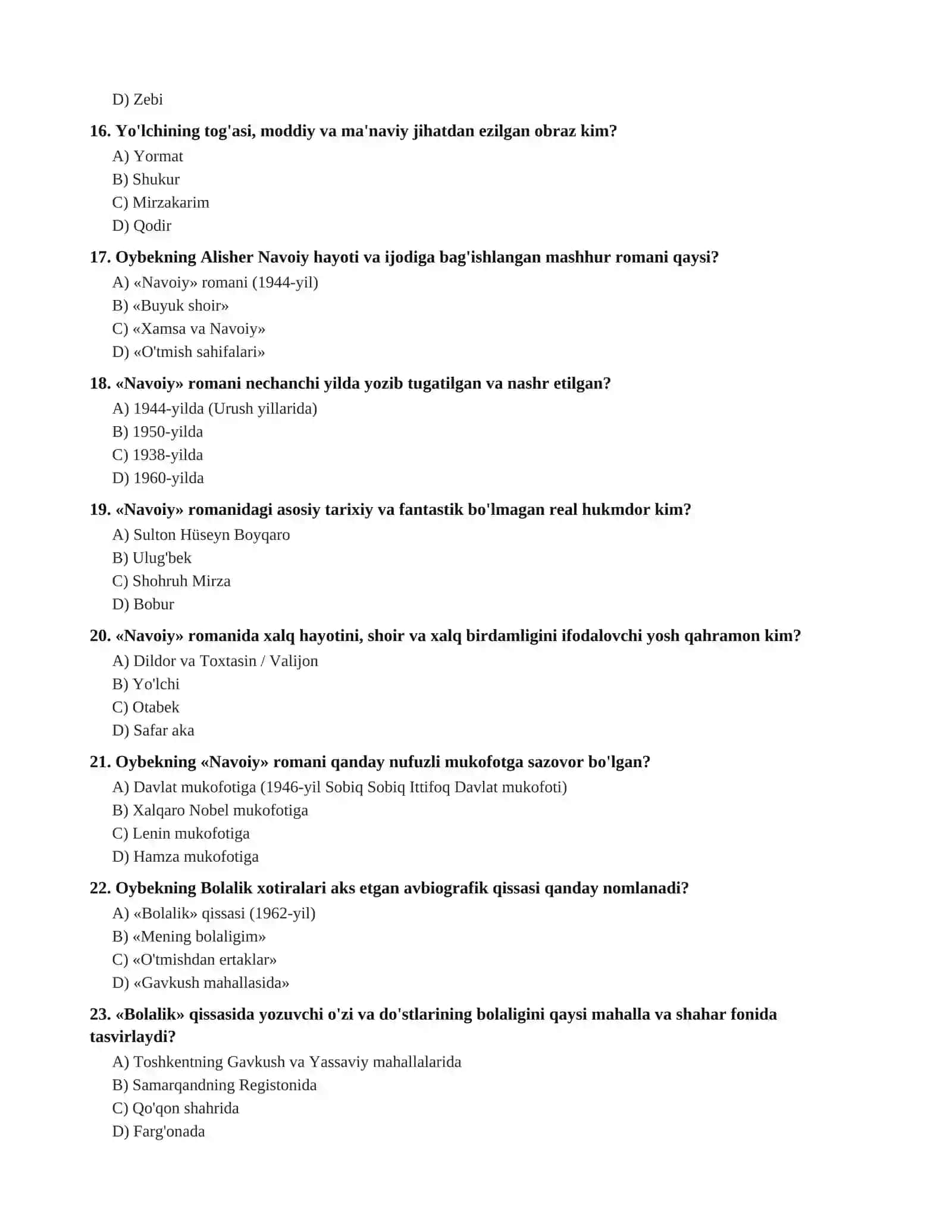 OYBEK (MUSO TOSHMUHAMMAD O'G'LI) HAYOTI VA IJODI  BO'YICHA  100 TA TEST SAVOLI VA JAVOBLARI (O'zbek adabiyoti maktab darsliklari asosida tuzilgan) 3