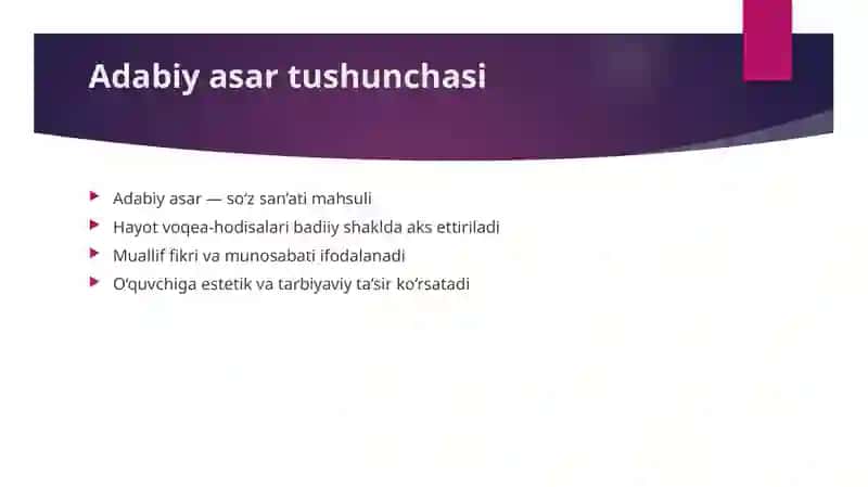 "Adabiy asar haqida" taqdimot (slayd) 3