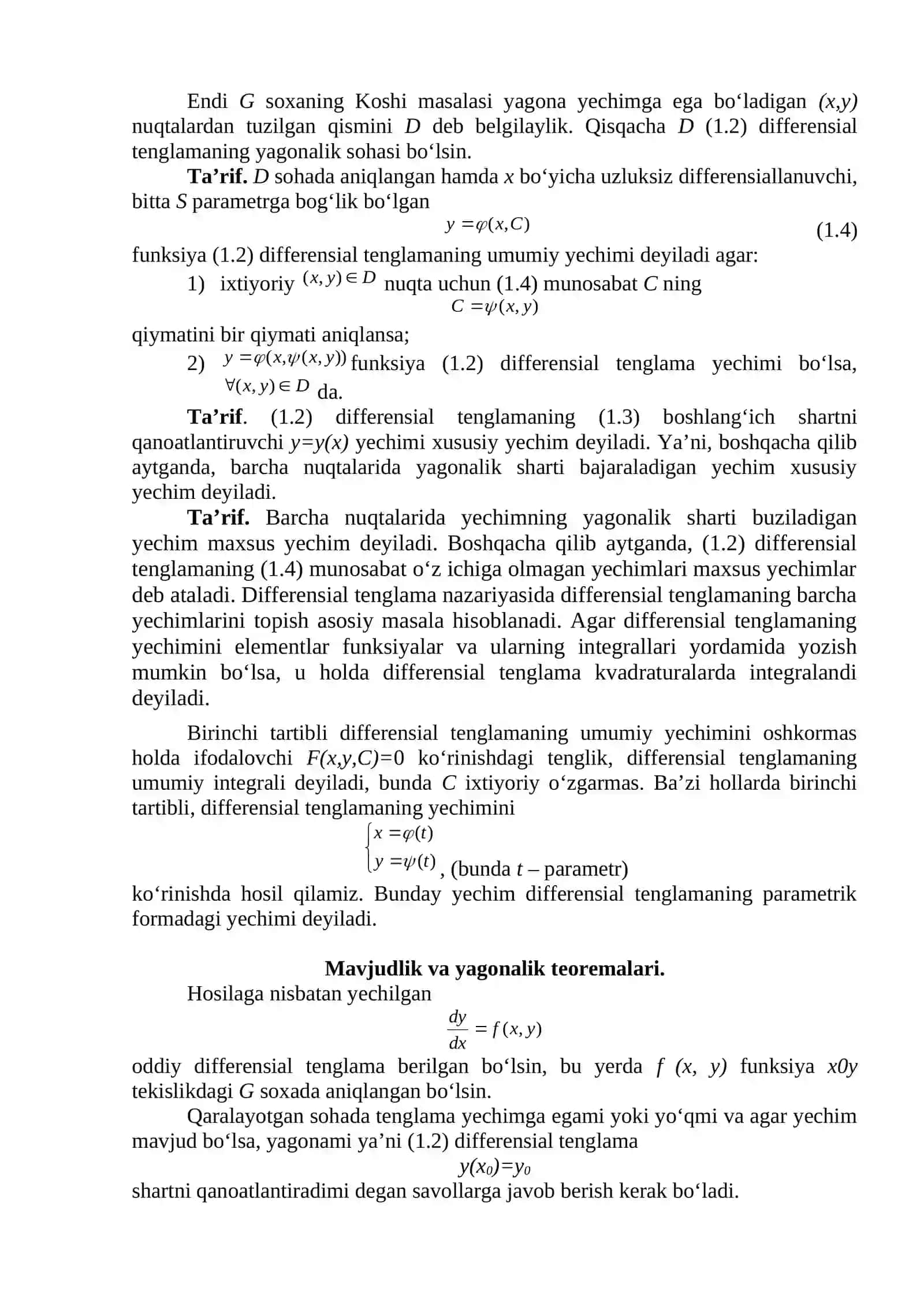Hosilaga nisbatan yechilgan birinchi tartibli differensial tenglama yechimini mavjudlik va yagonalik teoremasi 3