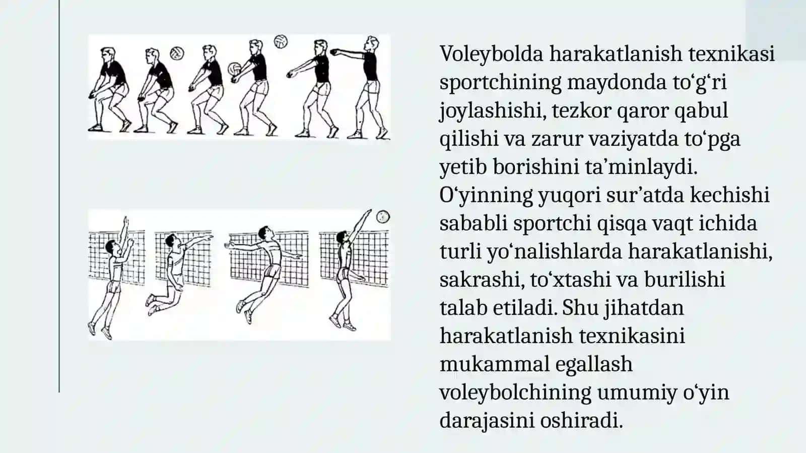 Voleybol o'yinida harakatlanish (yugurish, sakrash, to'xtash, burilish) texnikasini o'rgatishni takomillashtirish va mahoratini oshirish 3