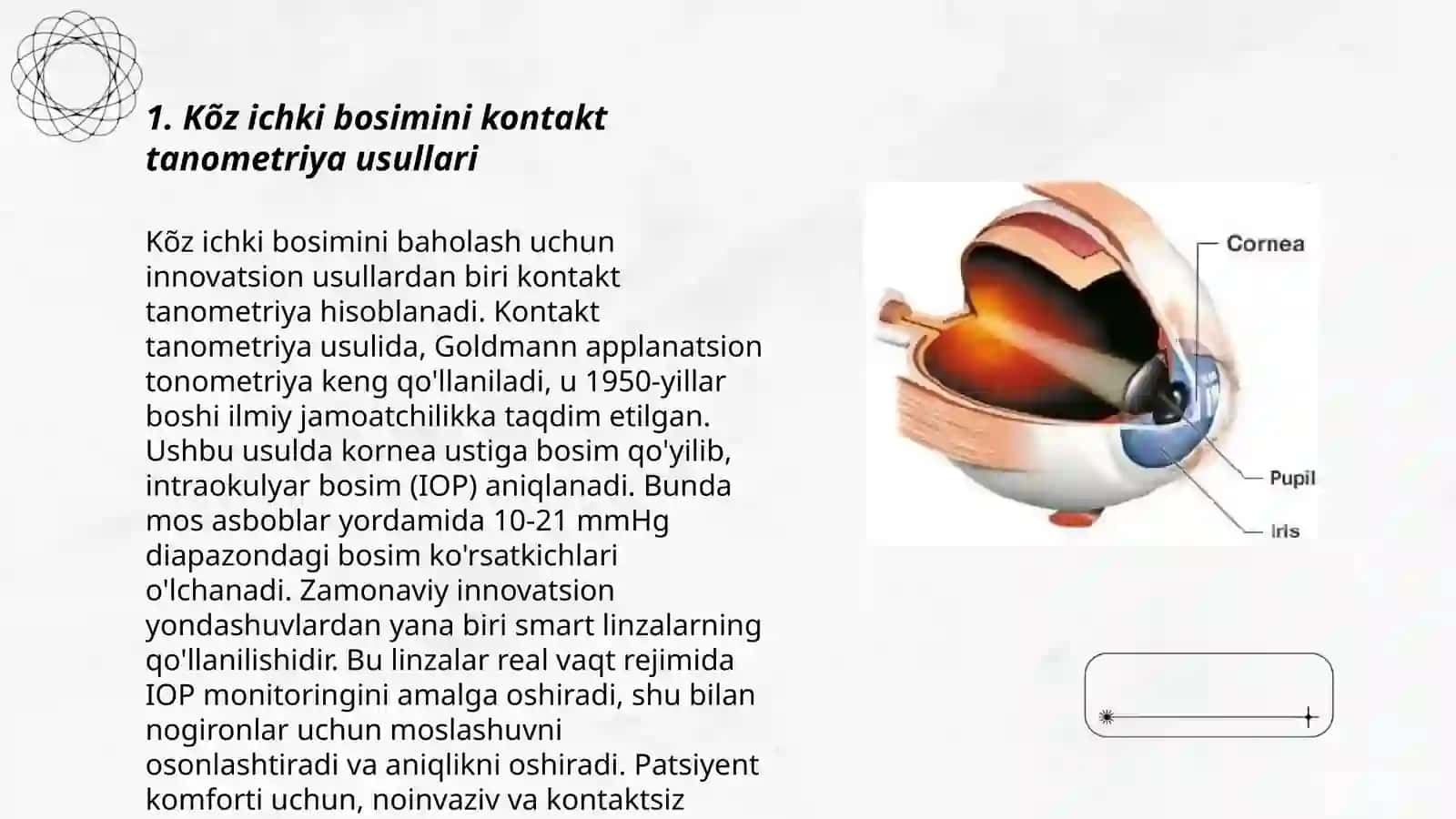 Kõz ichki bosimini baholashning innovatsion usullari -kontakt va 5 kontaktsiz tanometriya,smart linzalar 3