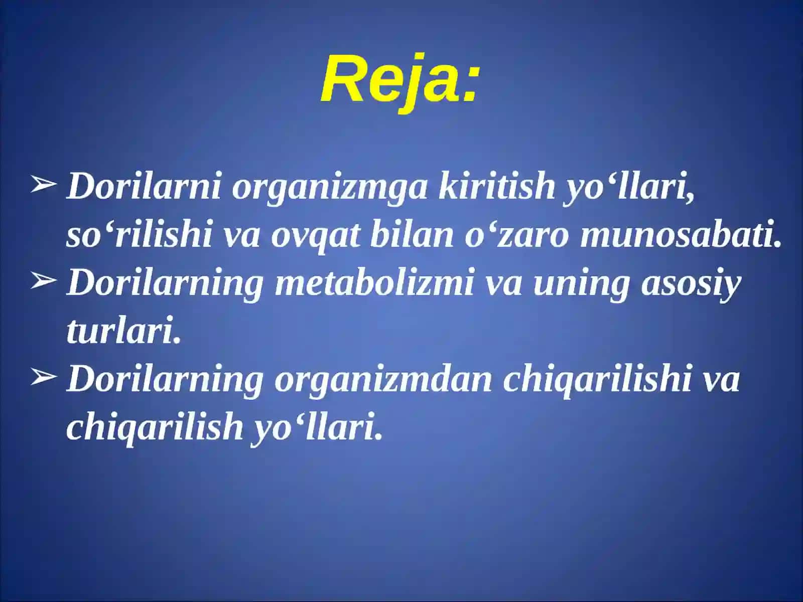 Dorilarni organizmga kiritish yo‘llari, so‘rilishi va ovqat bilan o‘zaro munosabati
Dorilarning meta 3