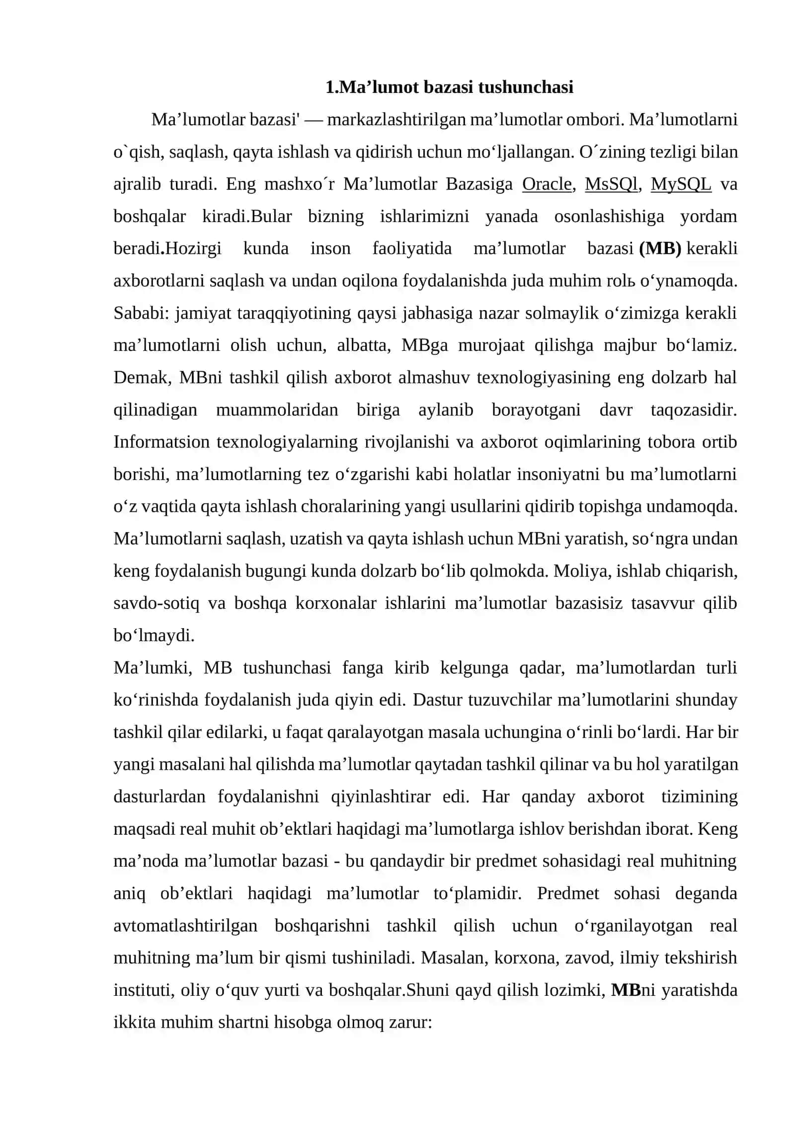 MA’LUMOTLAR BAZASI TEXNOLOGIYALARI FANIDAN “Kafedra” MB loyihalash mavzusida KURS ISHI 3