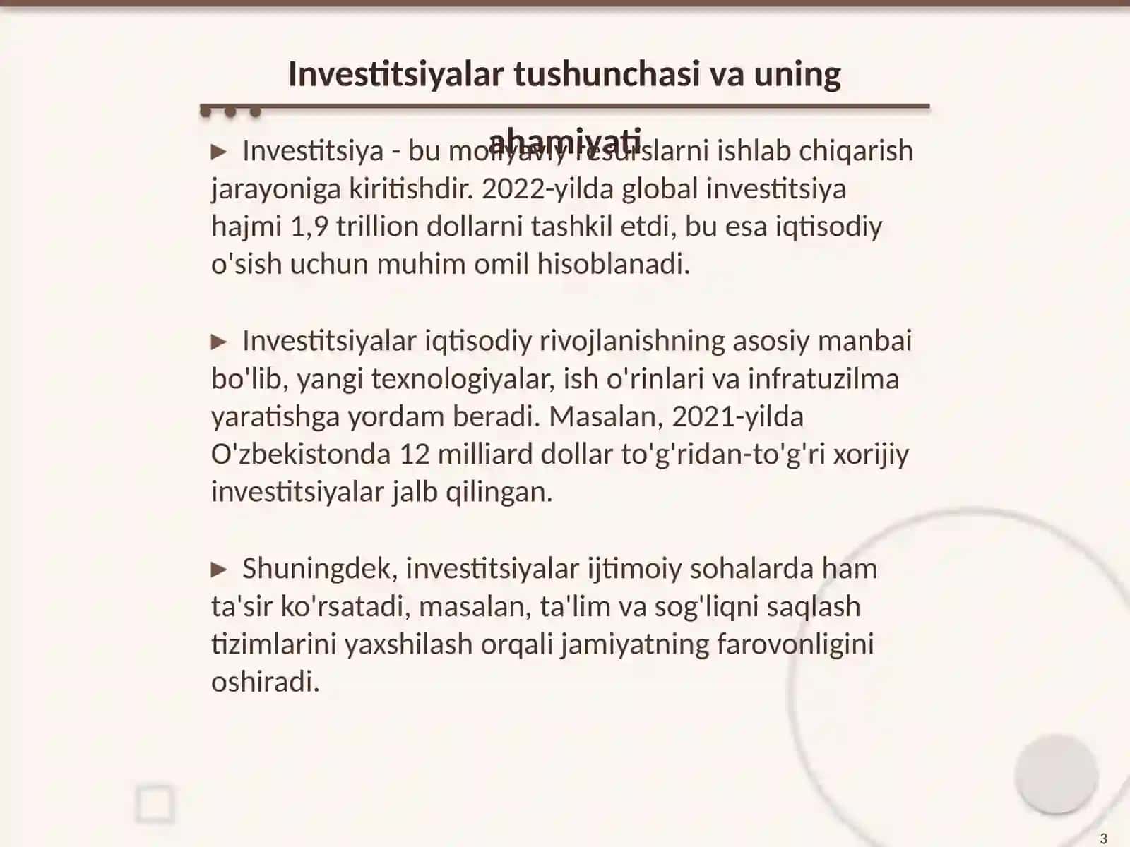 Investitsiyalar va iqtisodiy rivojlanishi 3