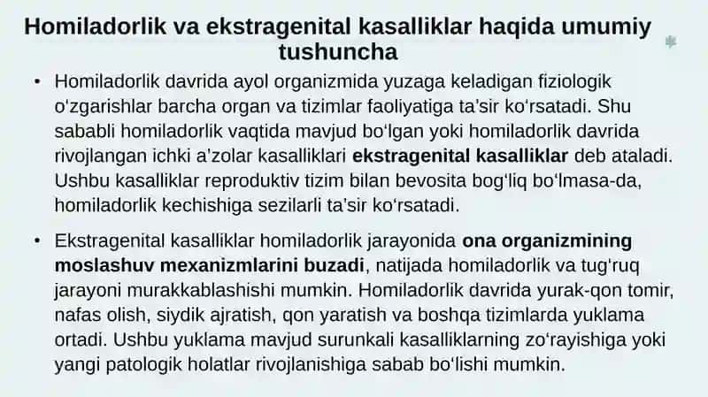 Homiladorlik va ekstragenital kasalliklar kamqonlik siydik yo’li infeksiyasi yurak qon tomir va nafas olish tizimi bilan bog’liq kasalligini boshqarish 3