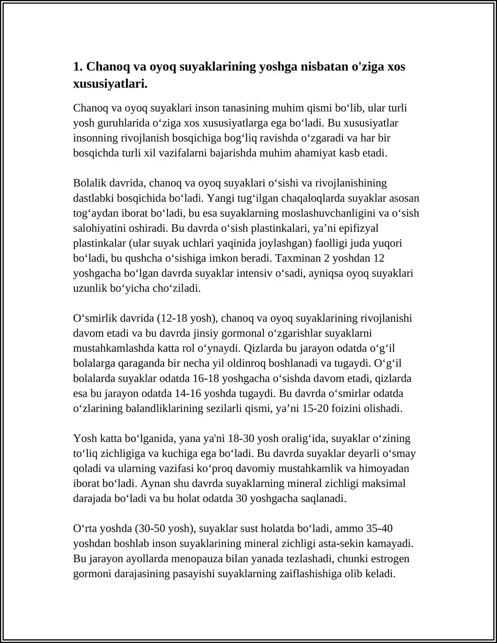 CHANOQ VA OYOQ SUYAKLARINING YOSHGA NISBATAN XUSUSIYATLARI. SPORT VA MEHNAT FAOLIYATINI CHANOQ VA OYOQ SUYAKLARIGA TA’SIRI, RIVOJLANISH NUQSONLARI KALLA SUYAKLARINING RENTGENANATOMIYASI. KALLANING JINSIY VA SHAXSIY TAFOVUTLARI 3