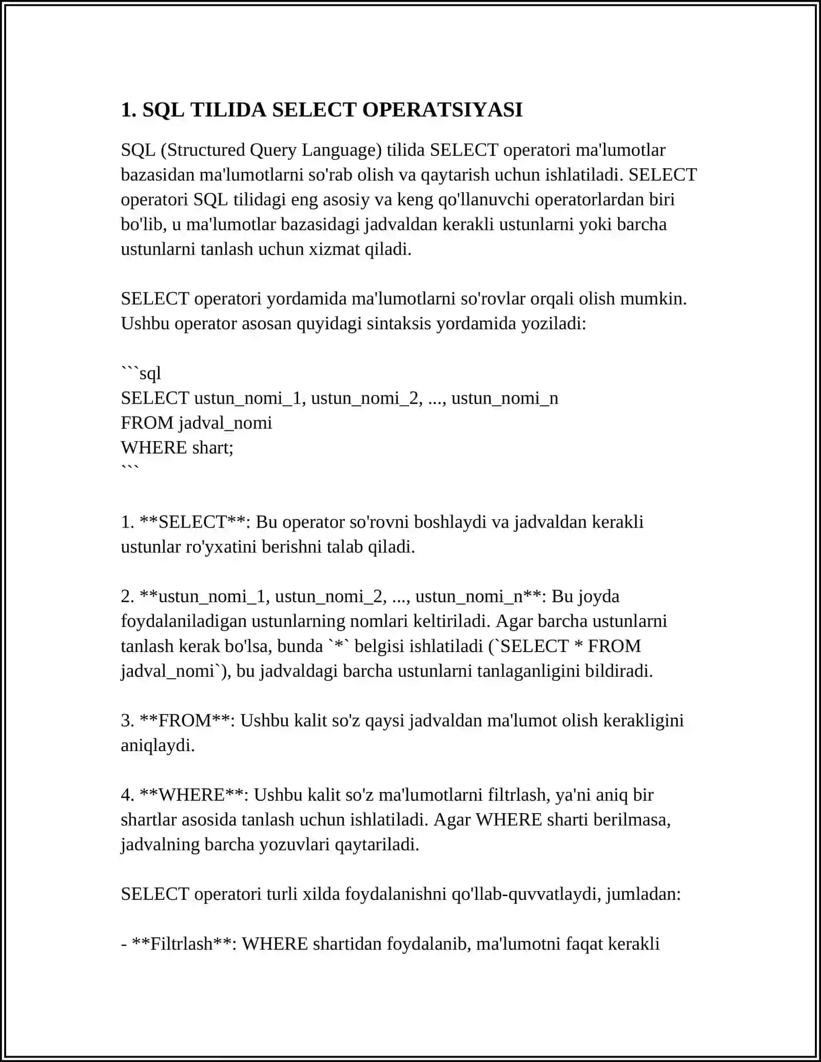 SQL TILIDA STANDART VA AGREGAT FUNKSIYALAR 3