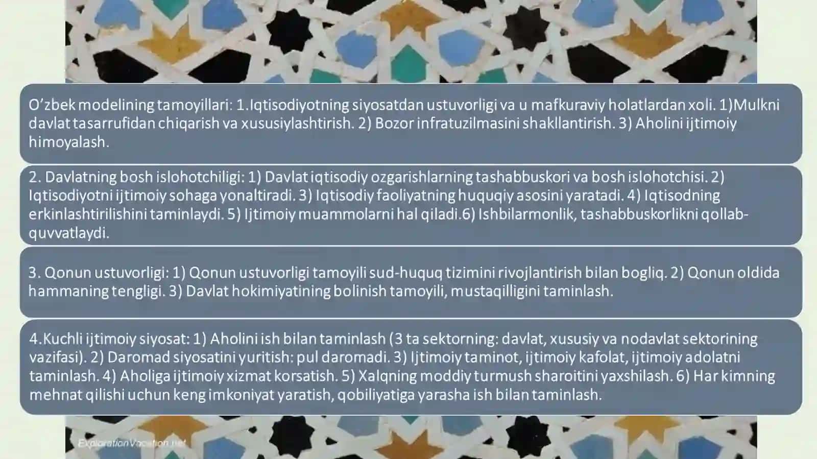 O’zbekistonning oziga xos taraqqiyot yo’lini tanlashi. Taraqqiyotning O’zbek modeli va uning o’ziga xos xususiyatlari 3