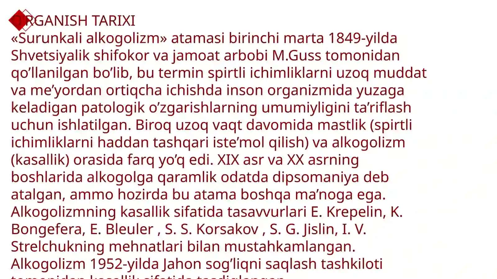 ALKOGOLIZM - ETILOGIYASI, BOSQICHLARI, ZARARLARI, TASHXISLASH, ICHKILIKBOZLIKNI DAVOLASH 3