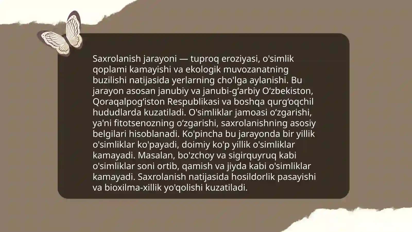 Saxrolanishning Oʻzbekiston oʻsimliklar jamoasiga ta'siri.Tuproq muhitiga salbiy ta'sir etuvchi omillar va ularning turlari 3