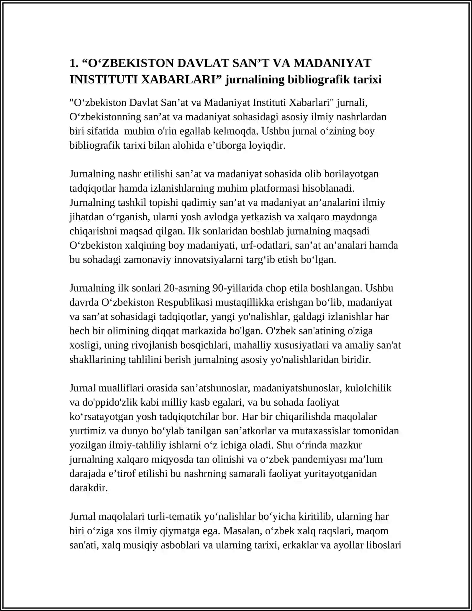 O‘ZBEKISTON DAVLAT SAN’T VA MADANIYAT INISTITUTI XABARLARI” JURNALI BIBLIOGRAFIYASI 3
