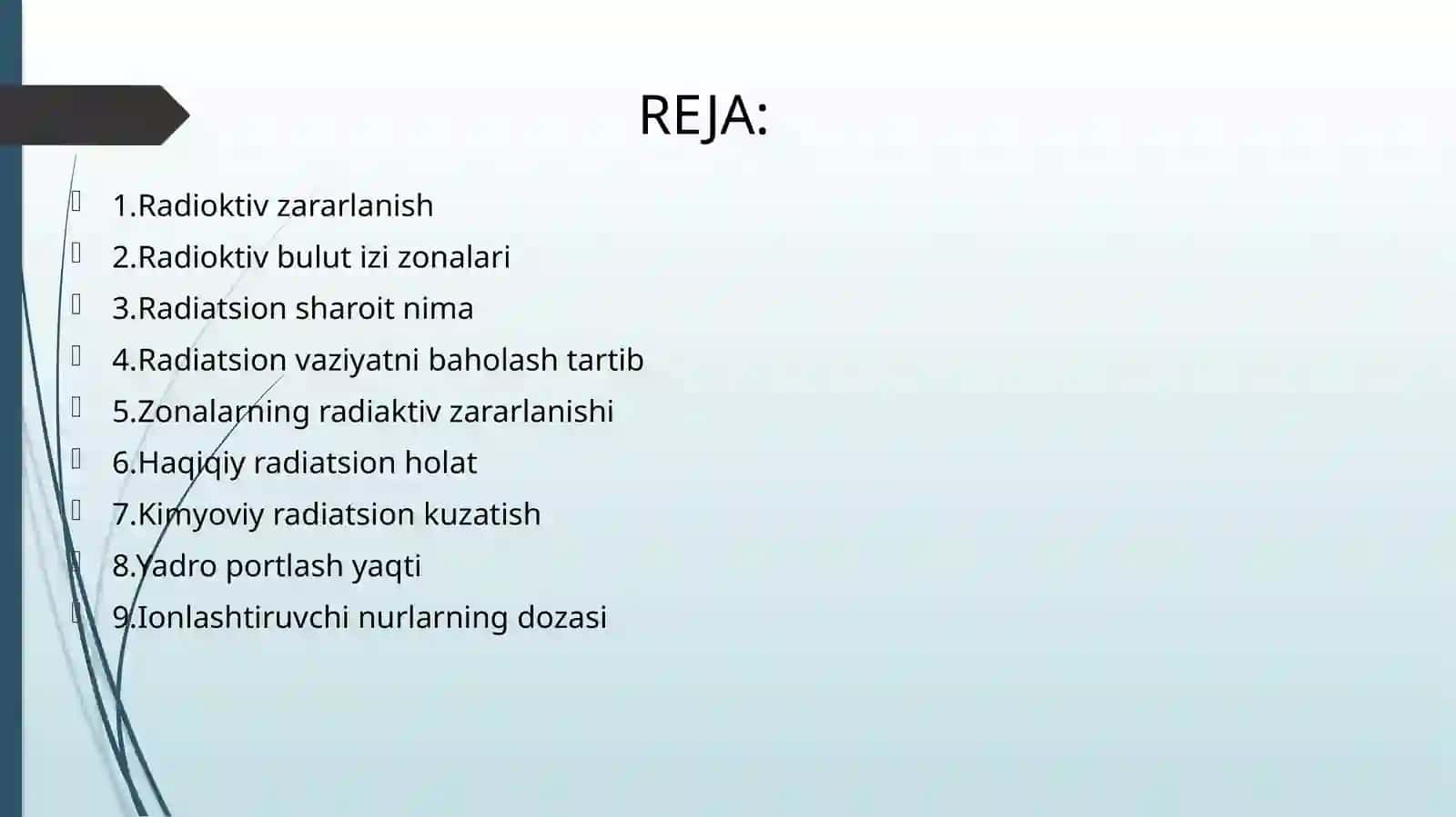 FAVQULOTDA VAZIYATNI BAHOLASH. RADIATSION HOLAT. RADIOAKTIV ZARARLANISH MANBAALARI. RADIOAKTIV ZARARLANISH ZONALARI TAVSIFI 3