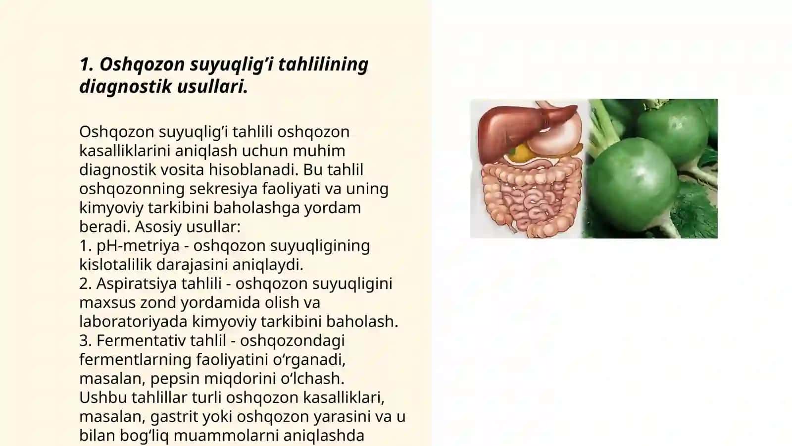 Oshqozon suyuqlig’i tashxisining klinik ahamiyati. Giperasid holatlarda va oshqozon-ichak yara kasalliklarida antasid preparatlarni qo’llashning biokimyoviy asoslari. Parenteral ovqatlanish va uni klinik ahamiyati. O’tkir pankreatit kelib chiqishi va davolashning biokimyoviy asoslari 3