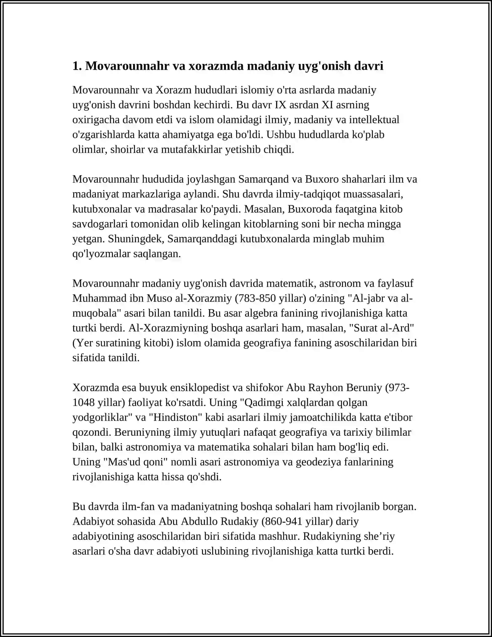 IX XII MAMLAKATIMIZ HUDUDIDA RO‘Y BERGAN MADANIY UYG‘ONISH (RENESSANS) BUYUK ALLOMALARNING JAHON SIVILIZATSIYASIGA QO‘SHGAN HISSASI 3