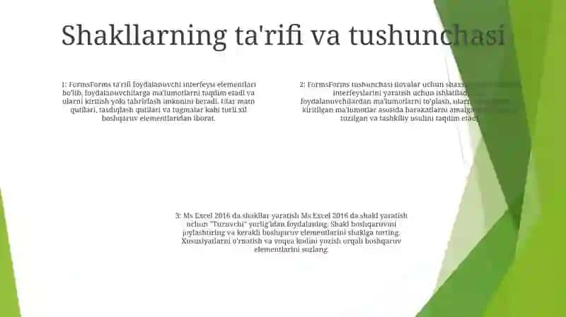 MS Excel 2016 Da Shakllar (Formalar) Tushunchasi, Vazifasi Va UniTashkilQilish 3