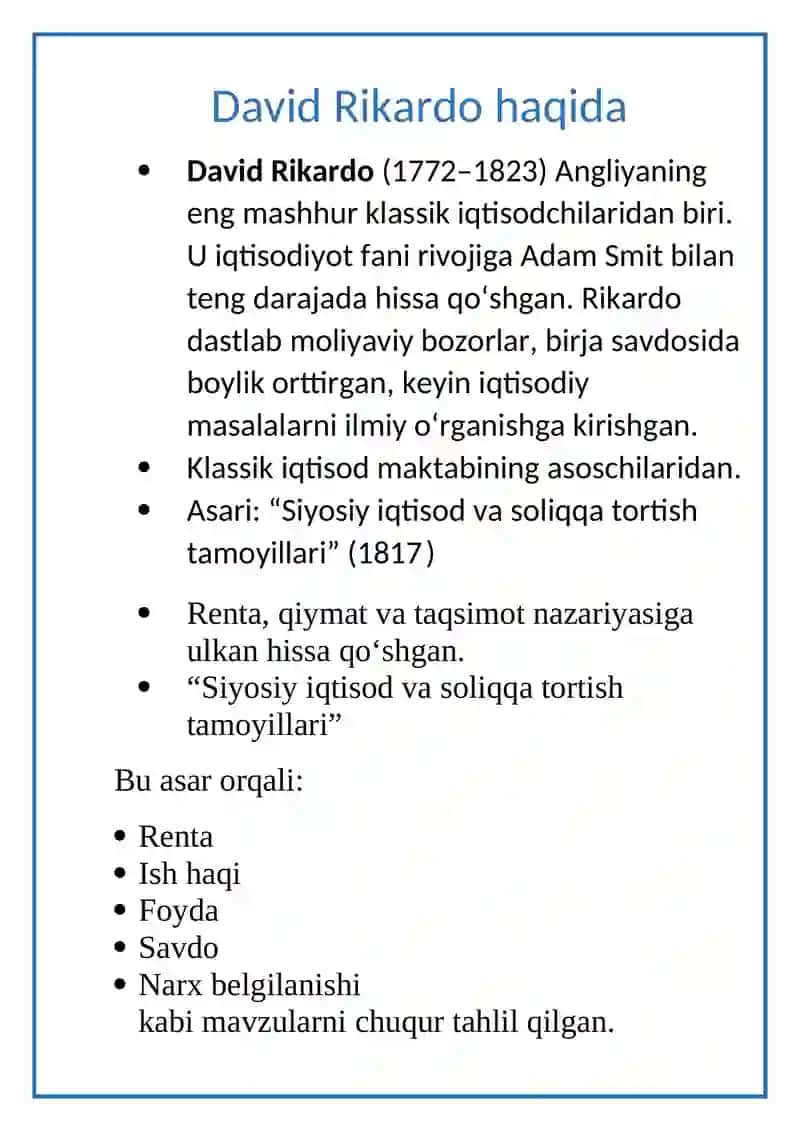 David Rikardoning renta nazariyasining mohiyati va hozirgi zamondagi ahamiyati 3