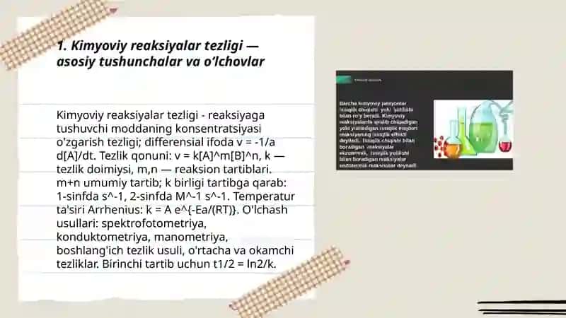 Kimyoviy va biokimyoviy jarayonlar tezligi hamda mexanizmga tasir etuvchi faktorlar. Murakkab va qaytar kimyoviy jarayonlar. Gomogen va geterogen kataliz va muvozanat. 3