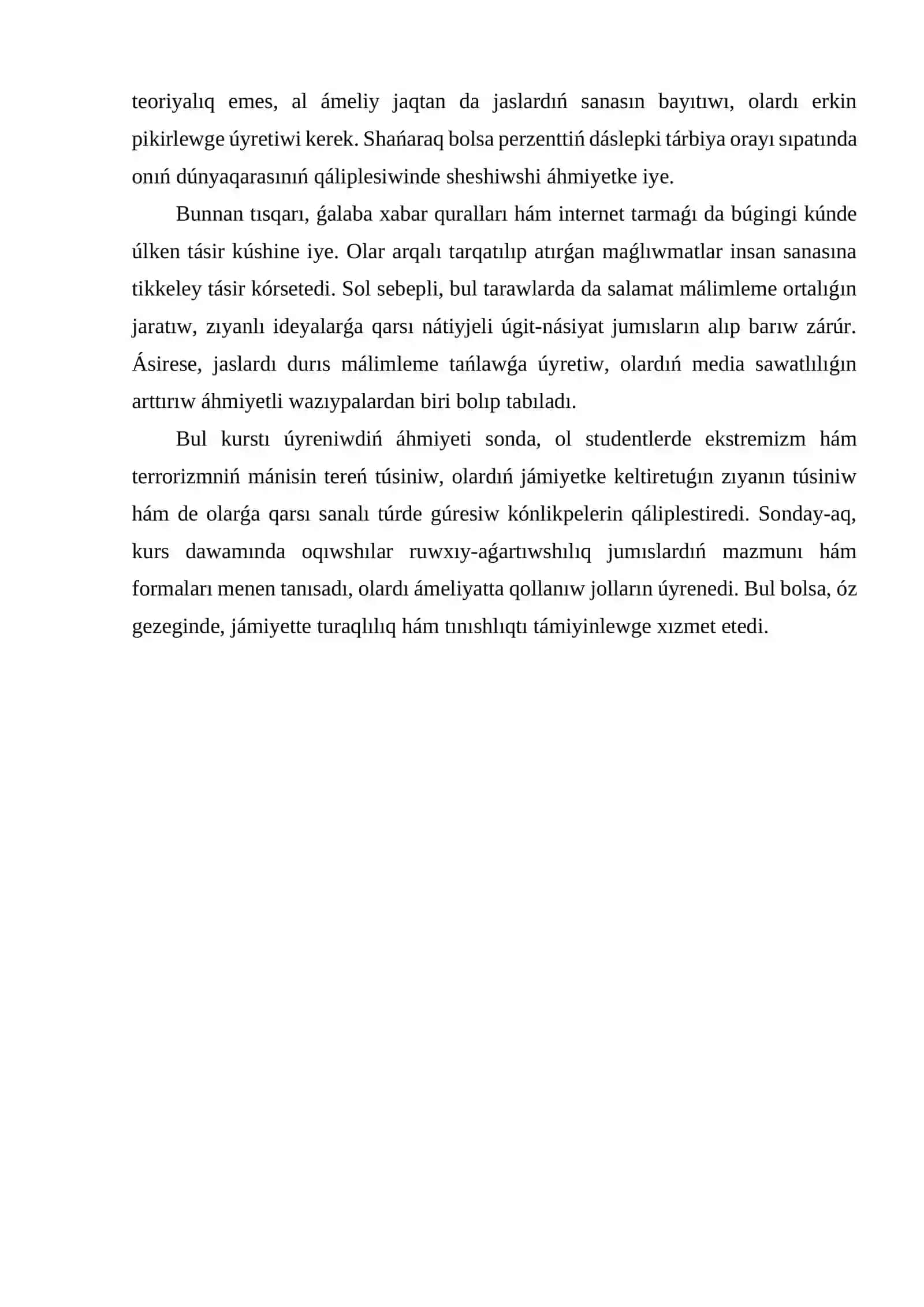 Ekstremizm hàm terorizmge qarsi guresiwdiñ ruxiy-aģartiwshiliq tiykarlari kursin ùyreniwdiñ àhimiyeti 3