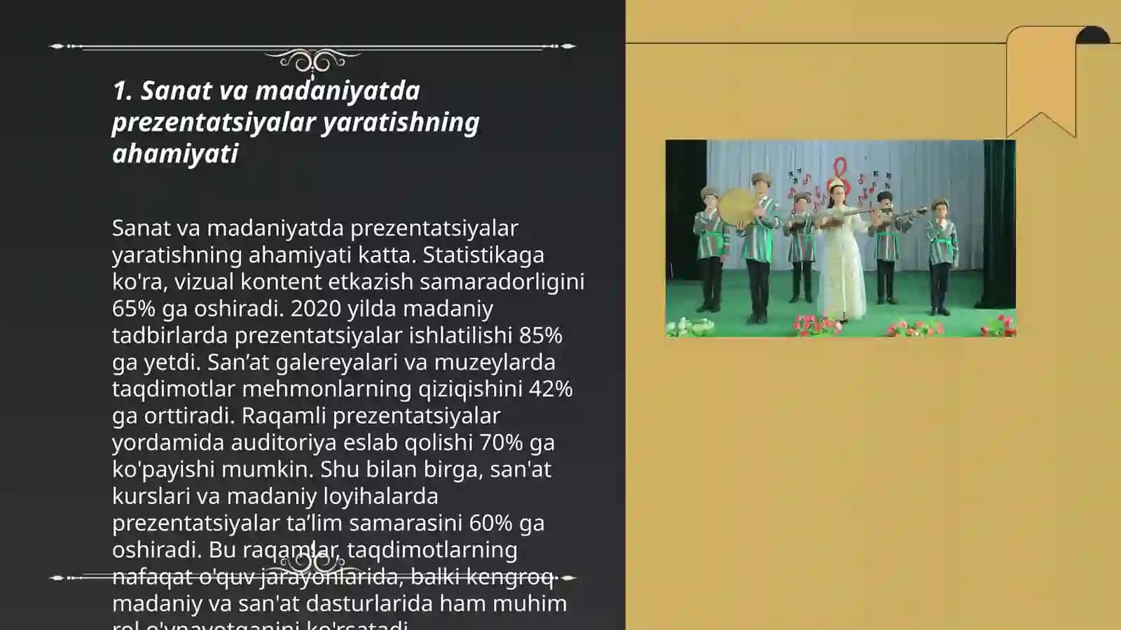 Sanat va madanyat turiga tegishli materiyallar boʻyicha prizentatsiya va slaydlar yaratish texnalogyalari 3