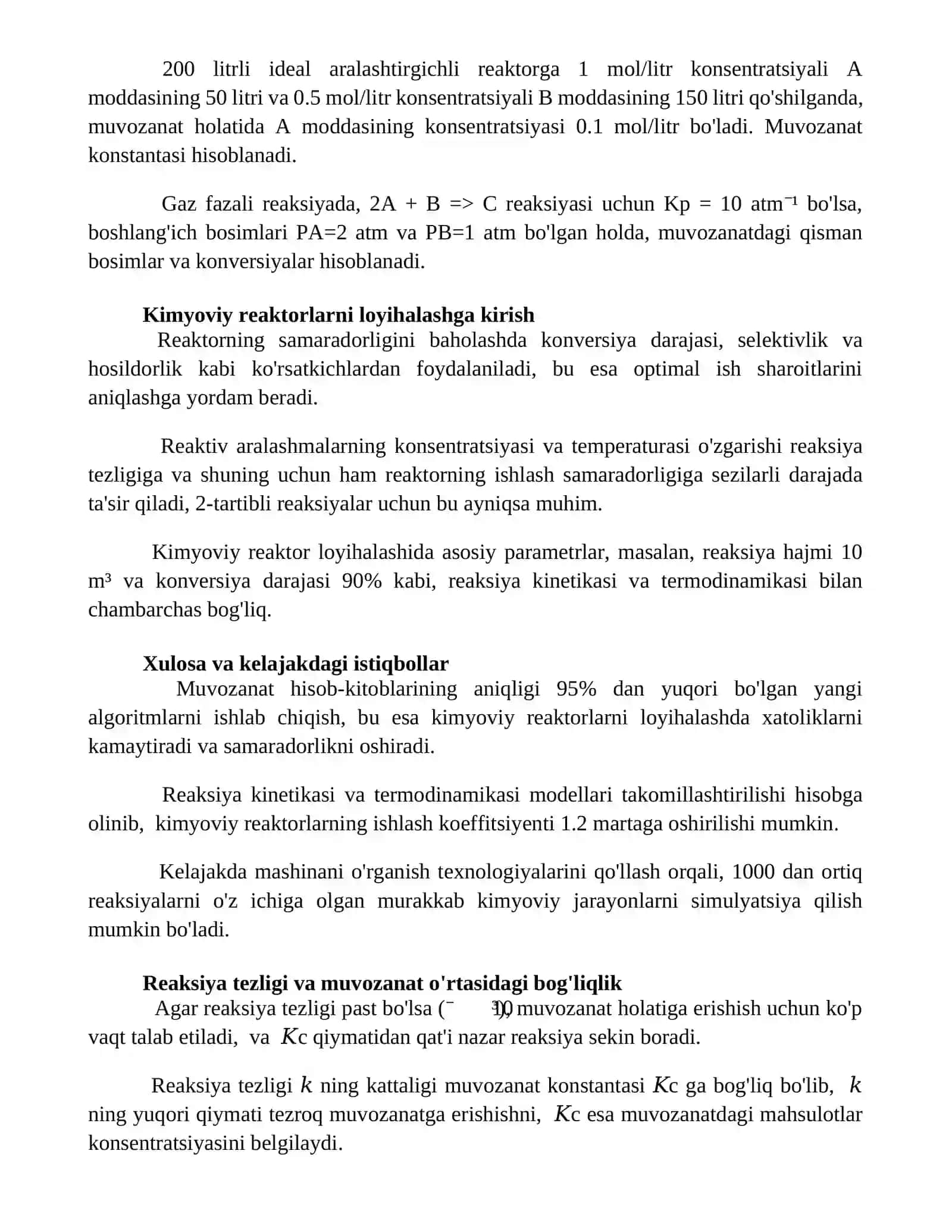 Kimyoviy reaktor xisobi.Kontaktli muvozanat darajasini hisobi 3