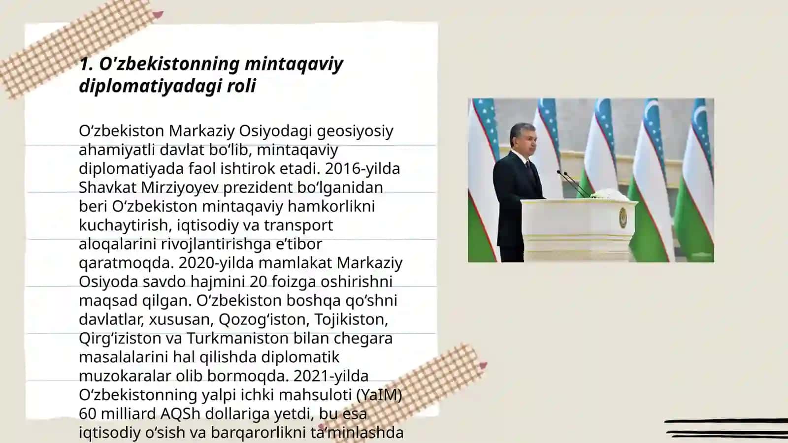 O'zbekistonning Markaziy Osiyoda tinchlik va barqarorlikni ta'minlashdagi o'rni 3
