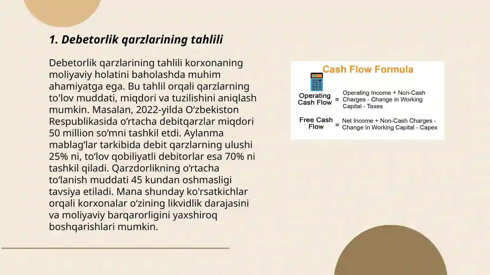 Debetorlik va kreditorlik qarzlari, pul oqimlari va xoʻjalik yurituvchi subyektlar xususiy kapitali tahlili 3