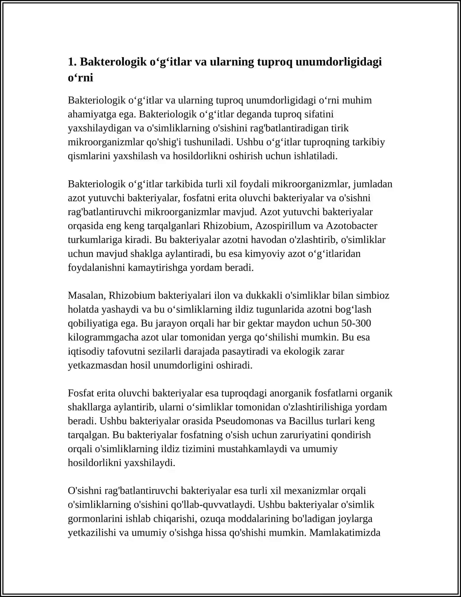 TUPROQ UNUMDORLIGINI OSHIRISHDA BAKTEROLOGIK OʻGʻITLARNI QOʻLLASH HAMDA MASKUR OʻGʻITLARNI MADANIY OʻSIMLIKLARNI BIONAZORAT QILISHDAGI OʻRNI 3