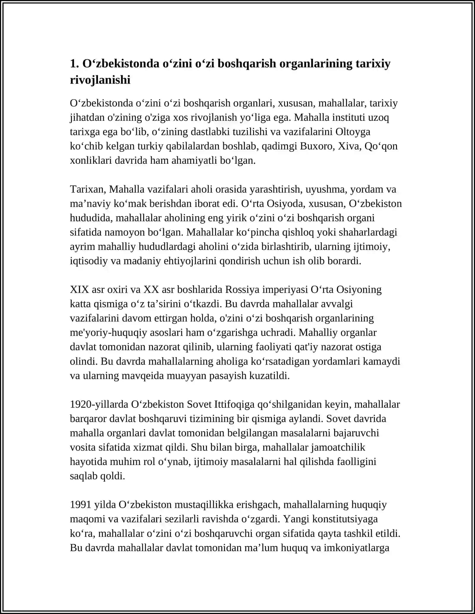 O‘ZBEKISTONDA O‘ZINI O‘ZI BOSHQARISH ORGANLARINING FAOLIYATI VA ULARNING JAMIYATNI DEMOKRATIYALASHTIRISHDAGI O'RNI 3