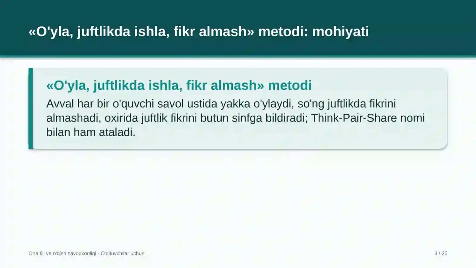 ona tili va o'qish savodxonligi darslarida o'yla juftlikda ishla fikr almash metodidan foydalanish 8616 3