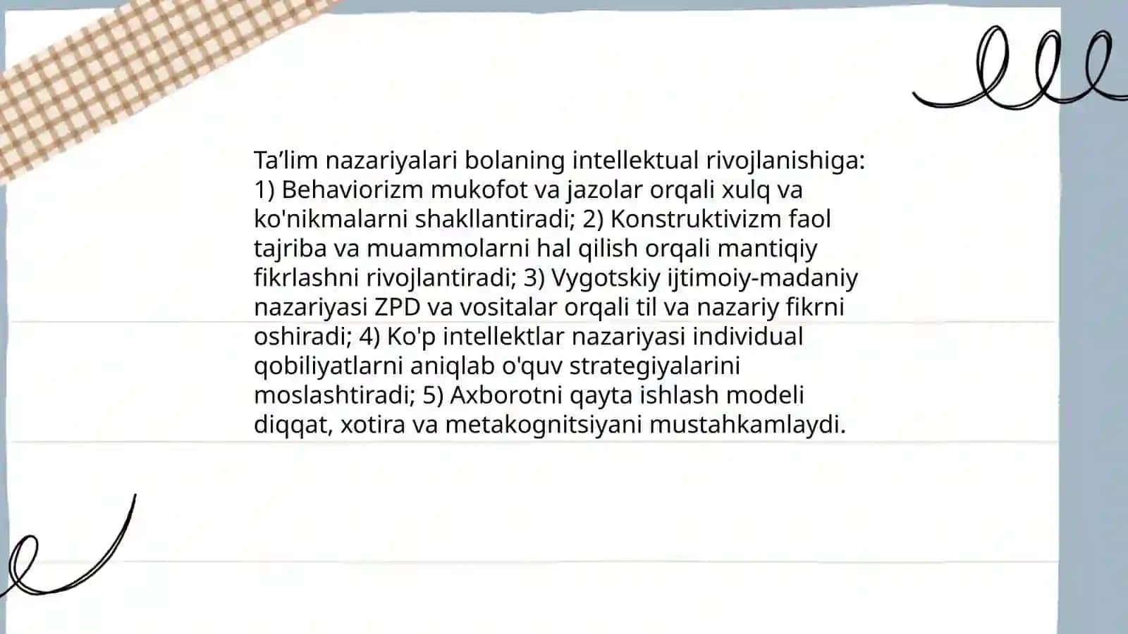 Taʼlim nazariyalari, bola intellektlarini rivojlantirish, amaliyotga tatbiq etish 3