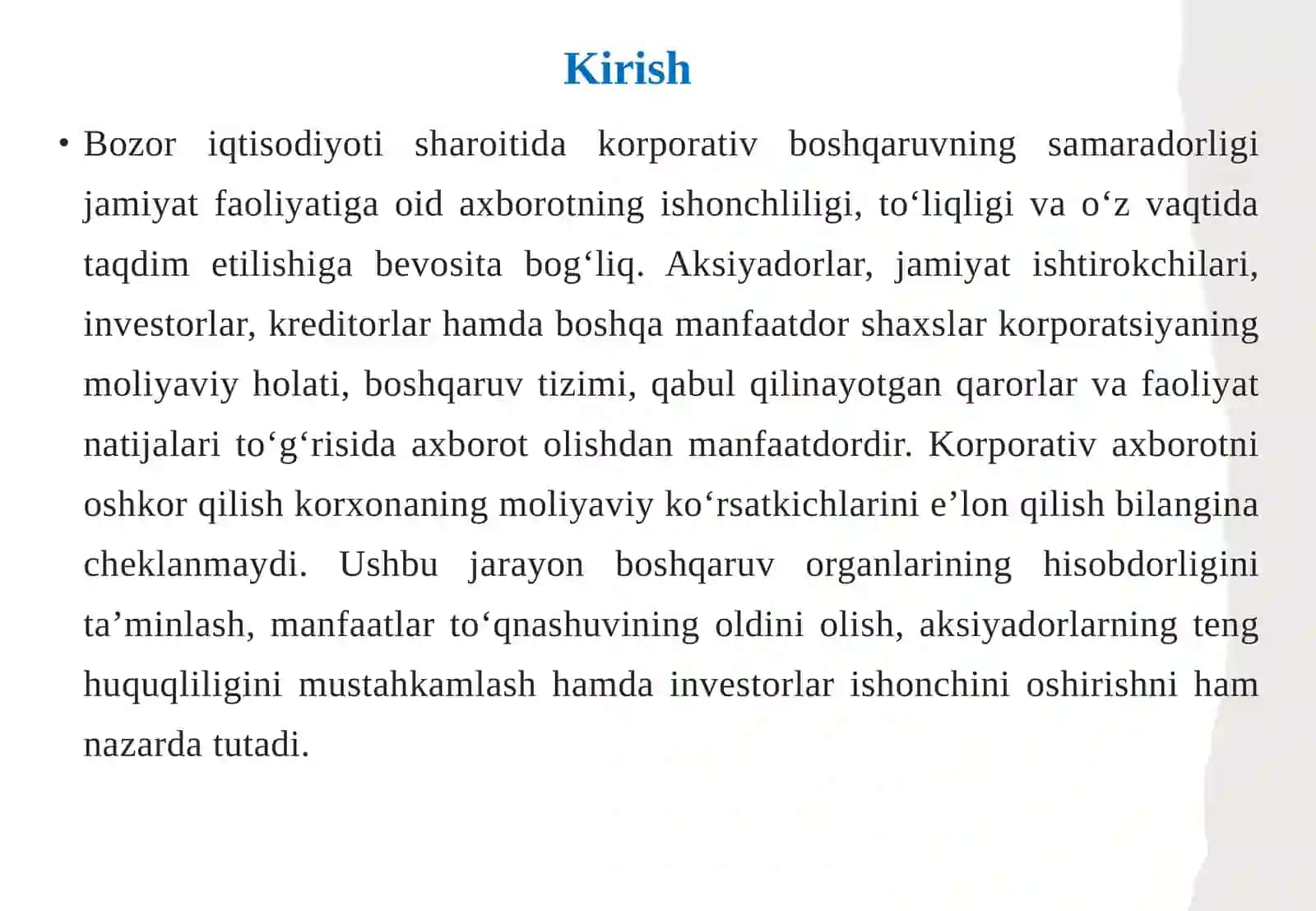 Korporativ axborotni oshkor qilish va ishtirokchilarga taqdim etish shaffoflik, hisobdorlik va axborot olish huquqi.pptx 3