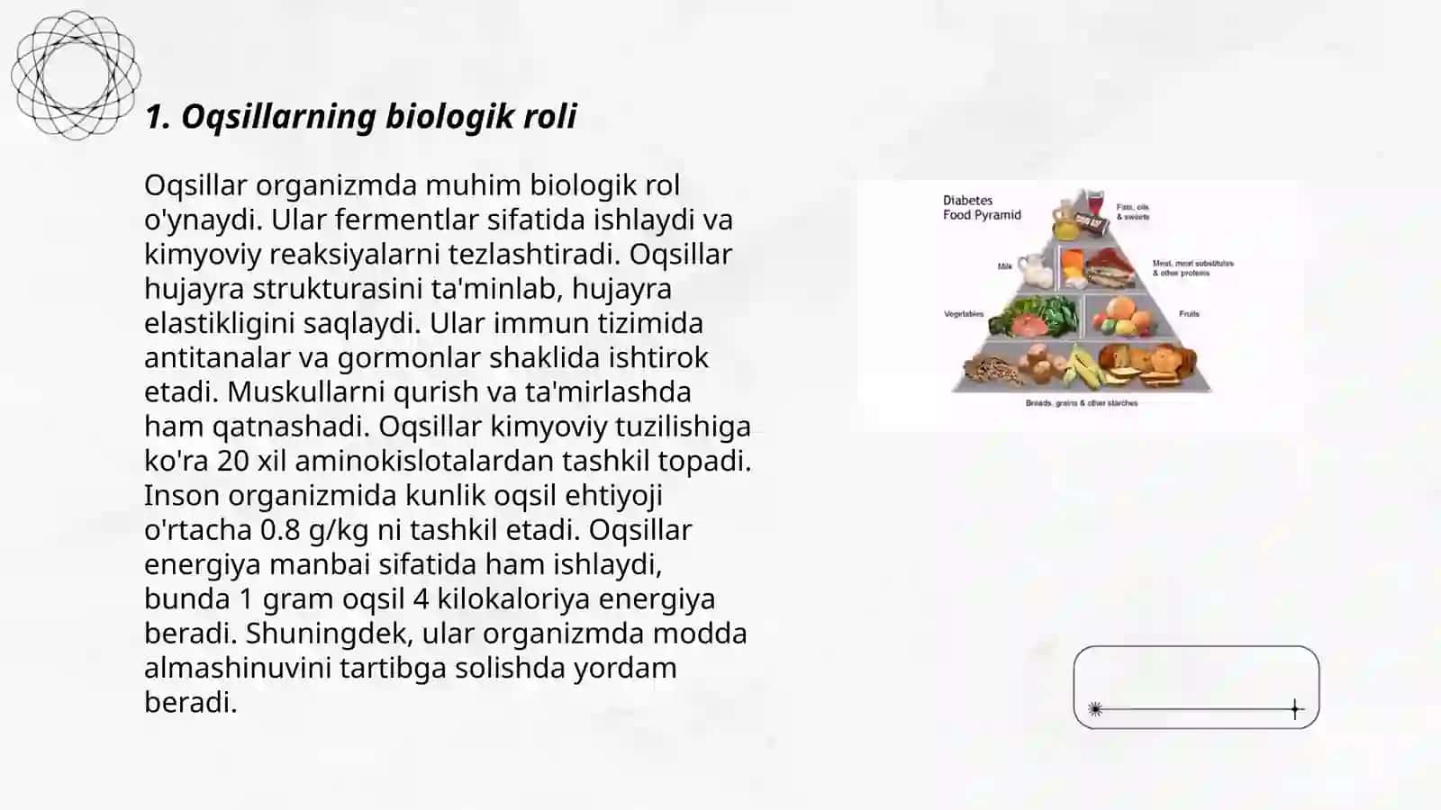 Asosiy ozuqaviy moddalar – oqsillar, yog‘lar, karbonsuvlar, mineral moddalar, vitaminlarning biologik roli va asosiy manbalari 3