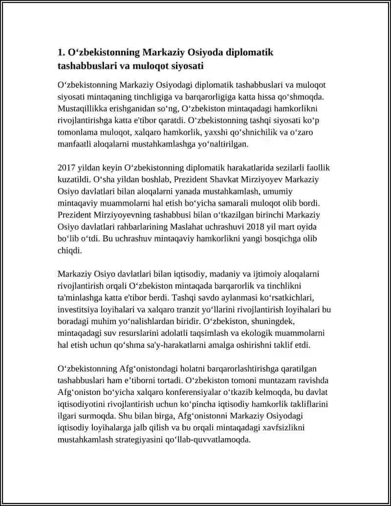 OʻZBEKISTONNING MARKAZIY OSIYODA TINCHLIK VA BAR-QARORLIKNI TAʼMINLASHDAGI OʻRNI 3