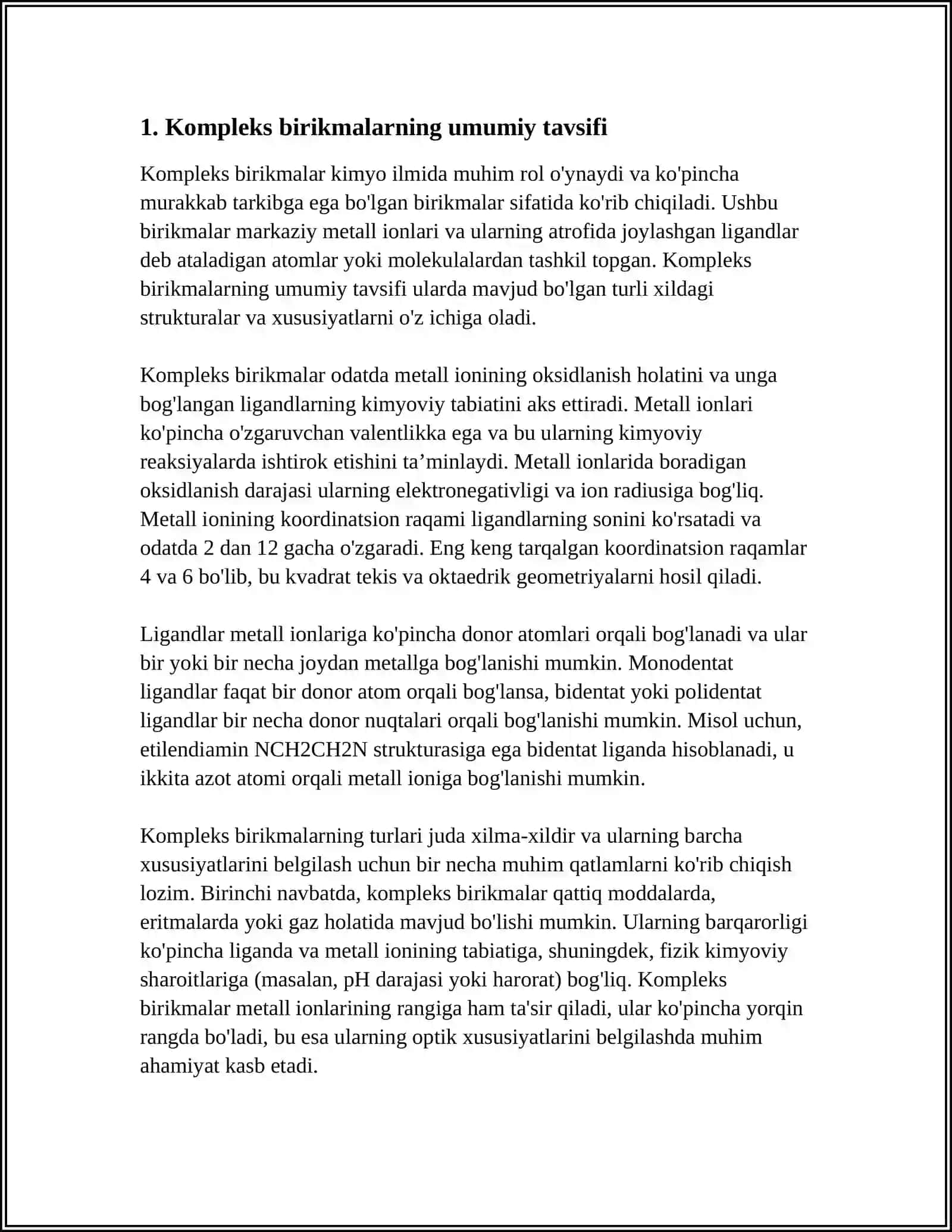 15. KOMPLEKS BIRIKMALARNING QOLLANILISHI: ANALITIK KIMYODA, OSIMLIK VA HAYVONLAR HAYOTIDAGI O`RNI VA AHAMIYATI 3